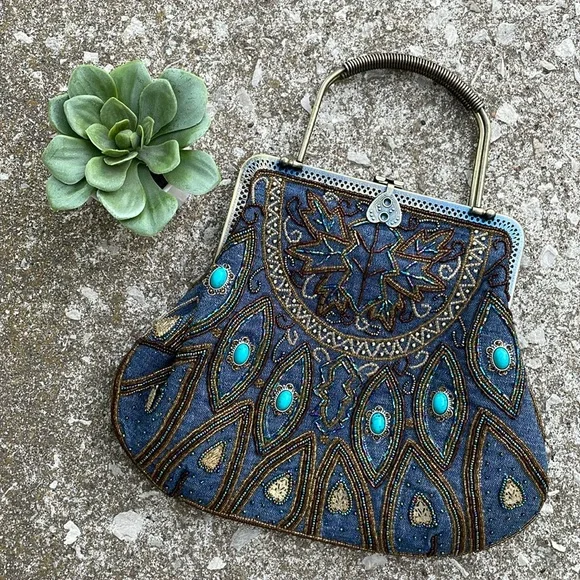 Western Turquoise Beaded Denim Victorian Style Chain Strap Handbag - Picture 2 of 8